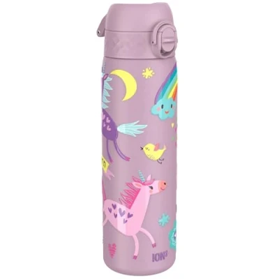 Image of Ion8 Vacuum Insulated Steel Water Bottle, 500 ml/18 oz, Leak Proof, Easy to Open, Secure Lock, Dishwasher Safe, Fits Cup Holders, Carry Handle, Scratch Resistant, Metal Unicorns Design