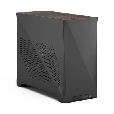 Image of Fractal Design Era 2 ITX PC Case in Charcoal Sleek Anodized Aluminum, Solid Walnut Top, Supports 3 Slot GPUs, PCIe 4.0 Riser Cable included