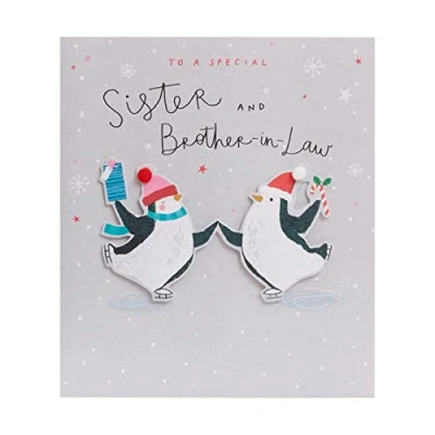 Image of Sister &amp; Brother In Law Christmas Card with Envelope Lovel Design Ice Skating Penguins