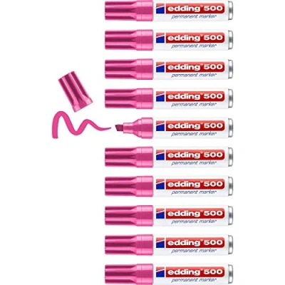 Image of edding 500 permanent marker pink 10 pens chisel tip 2 7 mm waterproof, quick drying, smear proof for cardboard, plastic, wood, metal, glass and fabric