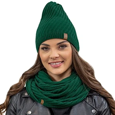 Image of Vivisence Stylish Women&#039;s Winter Set Including Warm Knitted Hat and Matching Snood Scarf Made from Soft Fabric Ideal for Cold Autumn Weather, Green,UNI