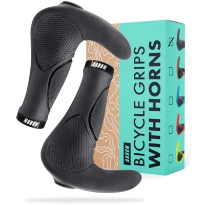 Image of AARON Horn Bicycle Handlebar Grips with Gel Cushioning Ergonomic made from Non Slip Rubber For E Bikes, Trekking Mountain Touring Bikes and many more Black