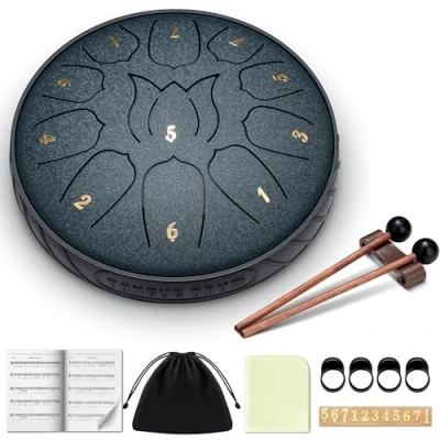 Image of CAHAYA Steel Tongue Drum 11Notes: 6 Inch Hand with Music Book, Mallets, Finger picks and Carry Bag Dark Blue CY00373 1