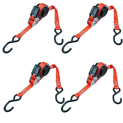 Image of PETEX 4 x Automatic Ratchet Tie Down Strap Self Reeling 1 Piece 5 m 25 mm 350/700 daN up to 700 kg Red S Hooks
