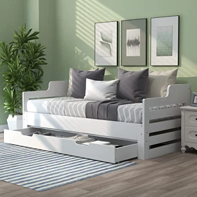 Image of Merax Versatile Daybed With Trundle and Drawer,Single Guest Bed, Sofa Bed for Living Room Bedroom (3&#039;) 90 x190 cm White (No Mattress)