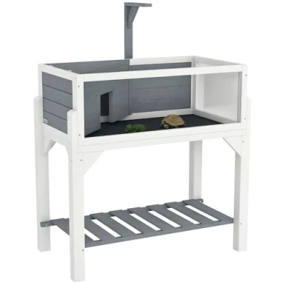 Image of PawHut Wooden Tortoise House with Storage Shelf, Enclosure Clear Observation Windows, Lamp Holder, Openable Top, Built in Tray, Habitat for Indoor Use, Grey
