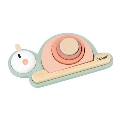 Image of Janod Sweet Cocoon Stackable Sensory Snail, 6x FSC Wood Pieces, 4 Blocks, Early Learning Game, 12 Months +, Green/Pink