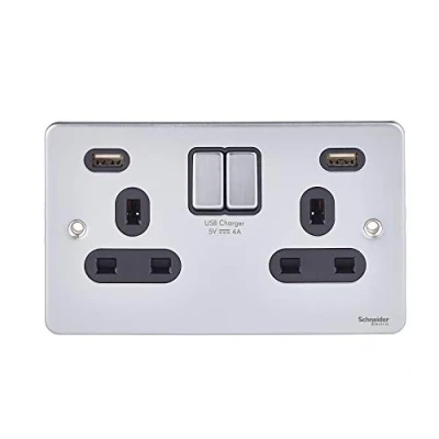 Image of Schneider Electric Ultimate Low Profile Switched Double Power Socket, 13A with 2 4A USB Charging Ports, GGBGU3524DBBC, Brushed Chrome Black Insert