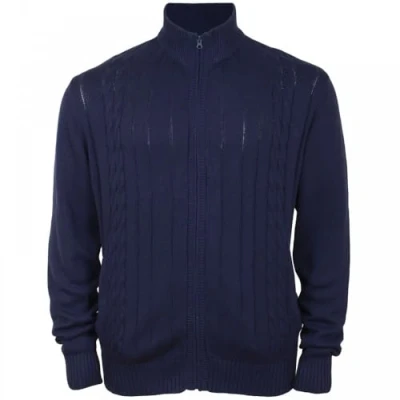 Image of Kam Zip Through Cardigan Cable Knit Mens King Size Sweater Navy 6XL (81)