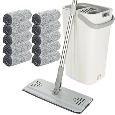 Image of ASelected Flat Mop and Bucket set, Hands Free Squeeze with 10 Reusable Microfiber Pads Stainless Steel 123cm Long Handle, Floor for Tiled, Marble, Hardwood
