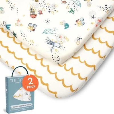 Image of Tutti Bambini Premium Crib Sheets (2 Pack) Soft Bamboo Jersey Next to Me Sheets, Breathable CoZee Double Strength (Our Planet)