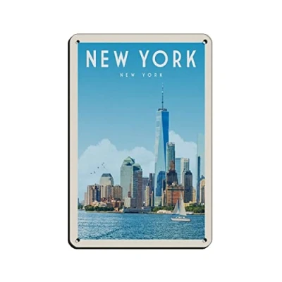 Image of AZOLID Funny Tin Signs New York Travel Painting Cafe Opera House Art Wall Decoration Plaque 30x20CM