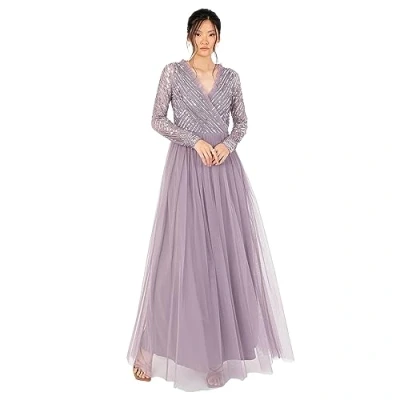 Image of Women&#039;s Maxi Dress Ladies Embellished Wrap Tulle Frilly V Neck Long Sleeve for Wedding Guest Bridesmaid Prom Ball Gown, Moody Lilac, 18