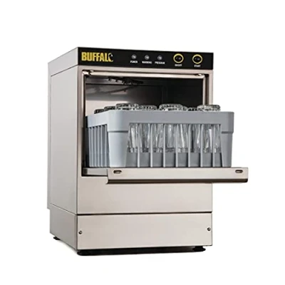 Image of Buffalo 2.6 kW Countertop Glasswasher 350mm x Baskets, Stainless Steel, Up to 25 racks/hr, Gravity Drain, Size: 600(H) 420(W) 460(D) mm, Includes 2x Open DW464