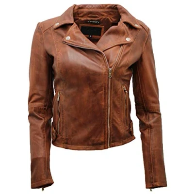 Image of Ladies Coniac Tan Vintage Brando 100% Leather Biker Jacket 16