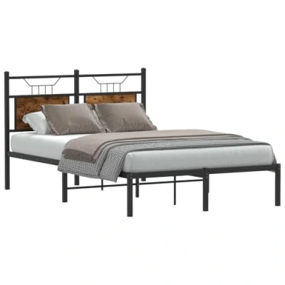 Image of vidaXL engineered wood/steel bed frame smoked oak 120x200 cm with headboard/footboard under storage assembly required perfect for bedrooms/guest rooms
