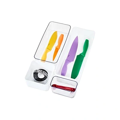 Image of iDesign Recycled Drawer Organiser Set, Storage Tray Boxes, Kitchen or Bathroom Set of 4, Made Plastic, Transparent and White