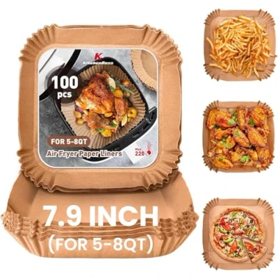 Image of KitchenBoss 100PC Air Fryer Liners: 8Inch/20cm Square Liners, Liners Disposable, Non Stick Greaseproof for Baskets Food Grade, Compatible with Ninja, Tower, Cosori