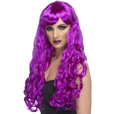Image of Smiffys Desire Wig, Purple Long, Curly with Fringe, Ladies Glamour Wigs Fancy Dress, Adult Dress Up