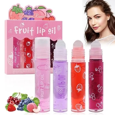 Image of Roll on Lip Gloss Set, Balm Oil Shiner On, Fruit Flavoured Moisturising Shimmering Liquid Lipstick, Long Lasting Nourishment for Lips (4 Pieces)