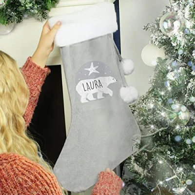 Image of Custom Personalised Polar Bear Luxury Silver Grey Stocking with pom poms
