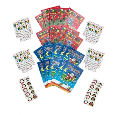 Image of Anila&#039;s Assortment of 20 Christmas Activity Books with colouring &amp; Puzzles, Sheets Stickers Either Crayons or Pencils. (Sticker Pencils)