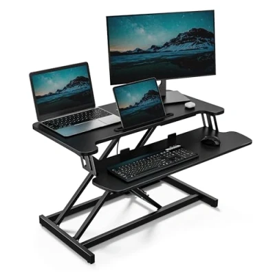 Image of VonHaus Standing Desk Converter, Height Adjustable Two Tier Computer Workstation with Keyboard Shelf, Dual Monitor Gas Assisted Riser Phone/Tablet Holder, 80cm Length &amp; 17kg Capacity