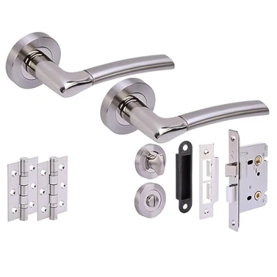 Image of HANDLEZONE® Ursa Door Handles on Rose Bathroom Lock Pack with 75mm Ball Bearing Hinges and 76mm Dual Polished/Satin Nickel