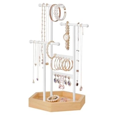 Image of SONGMICS Jewellery Stand, Organiser, 4 Independent Zones, Display Stand with Metal Frame, Earring Bracelet Necklace Holder, for Rings, White and Natural Beige JJS03NW