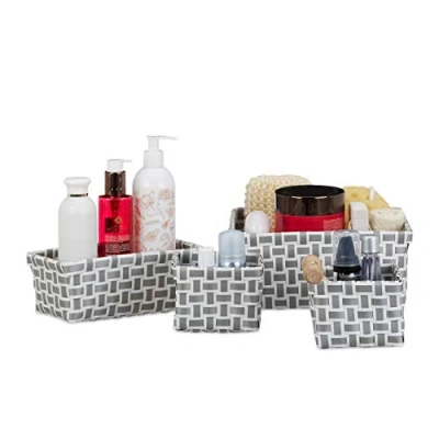 Image of Relaxdays Set of 4 Storage baskets, Woven, Robust, Bin for Bath, Plastic, Shelf Unit, White Grey