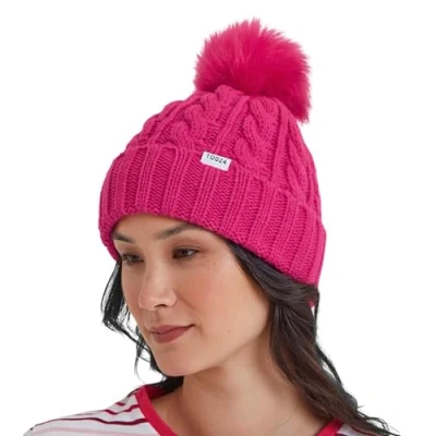 Image of TOG24 Elias Bobble Hat. Womens Hat with Faux Fur Pom Pom. Cable Knit Inner Borg Headband. That Looks Perfect Any Outfit Hibiscus Pink