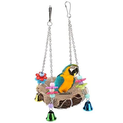 Image of Bird Rattan Nest, Parrot Hanging Swing Toys with Bells Cage Hammock for Cockatoo Macaw Amazon African Grey Budgie Parakeet Cockatiel Lovebird Finch (S)