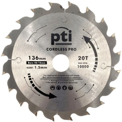 Image of PTI 136mm x 20mm 20T, Thin Kerf Saw Disc 1.5mm Thick Cordless Saws quality TCT Circular Blades. Hardened &amp; precision balanced Micrograin Carbide Teeth