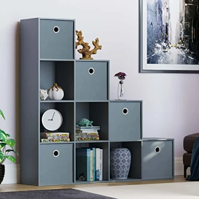 Image of Vida Designs Durham Staircase Bookcase Shelves Storage Organiser Living Room Furniture (10 Cube &amp; 5 Grey Baskets, Grey)