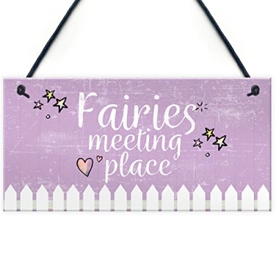 Image of RED OCEAN Garden Sign Fairies Meeting Place Wooden Hanging Heart Shed SummerHouse Plaque Gifts For Her