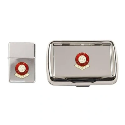 Image of Stoke City Football Club Polished Chrome Tobacco tin and stormproof Petrol Lighter