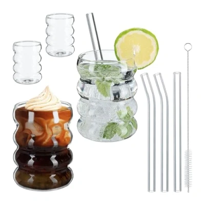 Image of Set of 4 Drinking Glass, with Straws, Wave Design, Dishwasher Safe, for Iced Coffee, Cocktails, 350 ml, Clear Relaxdays