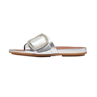 Image of Fitflop Women&#039;s Gracie Crystal Maxi Buckle Metallic Leather Slides Sandal, Silver, 6 UK