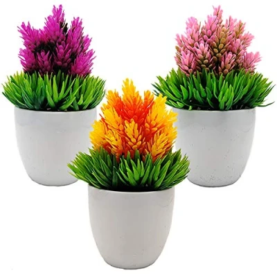 Image of Aisamco 3 Pack Artificial Plants Potted Fake Plastic Hops Flower Fresh Green Grass Mini Faux Plant with White Pots for Home Office Desktop Decoration