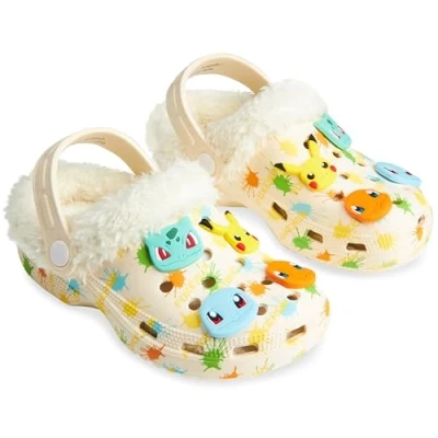 Image of Pokemon Boys Clogs with Removable Fur Lining &amp; Charms, Anime Gifts for (Cream/Multi, 13 UK)
