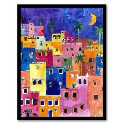Image of Artery8 Colourful Moroccan Cityscape At Night Watercolour Living Room Artwork Framed Wall Art Print 18X24 Inch