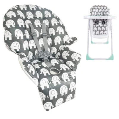Image of My Babiie MBHC8 Premium Highchair Seat Cover Only with 5 Point Harness Padded PVC Cover, Easy Clean, Cushion Compatible Grey Elephants
