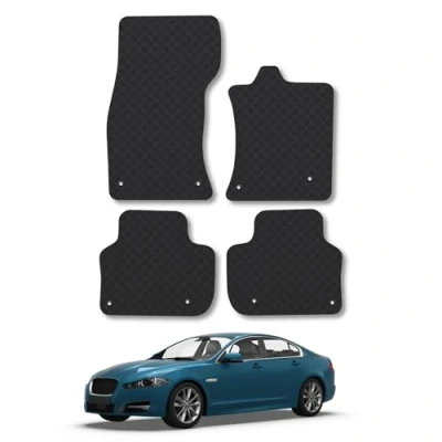 Image of Rubber Car Mats Compatible with Jaguar Xf (2015+) Tailored Fit Floor Set Accessory Black Custom 4 Pieces Clips Anti Slip Backing, Heavy Duty &amp; Waterproof