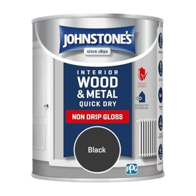 Image of Johnstone&#039;s Quick Dry Gloss Black Finish Water Based Interior Wood &amp; Metal Radiator Paint Low Odour in 1 2 Hours 8m2 Coverage per Litre 0.75 L