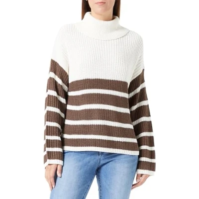 Image of JdY Women&#039;s justy L/S Cowlneck St Pullo KNT Knitted Jumper, Eggnog/Stripes: Chocolate Brown, XL