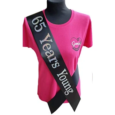 Image of Gemini Ribbons 65 Years Young 65th Birthday Sash Holographic Party Womens Mens Gift