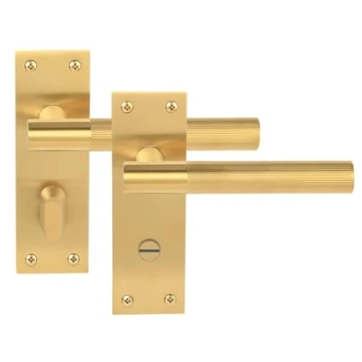 Image of HANDLEZONE® 1 Pair of Levada Grip Satin Brass Designer Bathroom WC Toilet Door Handle Set on Long Flat Backplate, for Internal Doors
