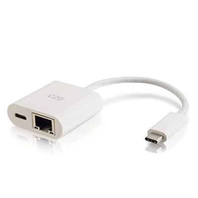 Image of C2G USB C to Ethernet Adapter With Power Delivery White Network Gigabit Suitable for MacBook Pro, iPad Latitude, Pixel, Chromebook, Nexus and more