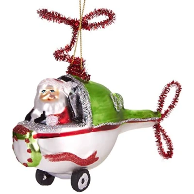 Image of BRUBAKER Santa Claus in Helicopter Green Hand Painted Glass Christmas Bauble Mouthblown Tree Decoration Figures Funny Pendant Ball 4.3 inches (11 cm)
