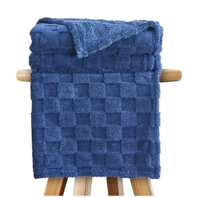 Image of GC GAVENO CAVAILIA Large Sherpa Fleece Blanket Throw Fluffy Throws For Sofas, Bed, Armchair Jacquard Pattern King Size Thermal, Snuggle, Cosy Blankets and Navy